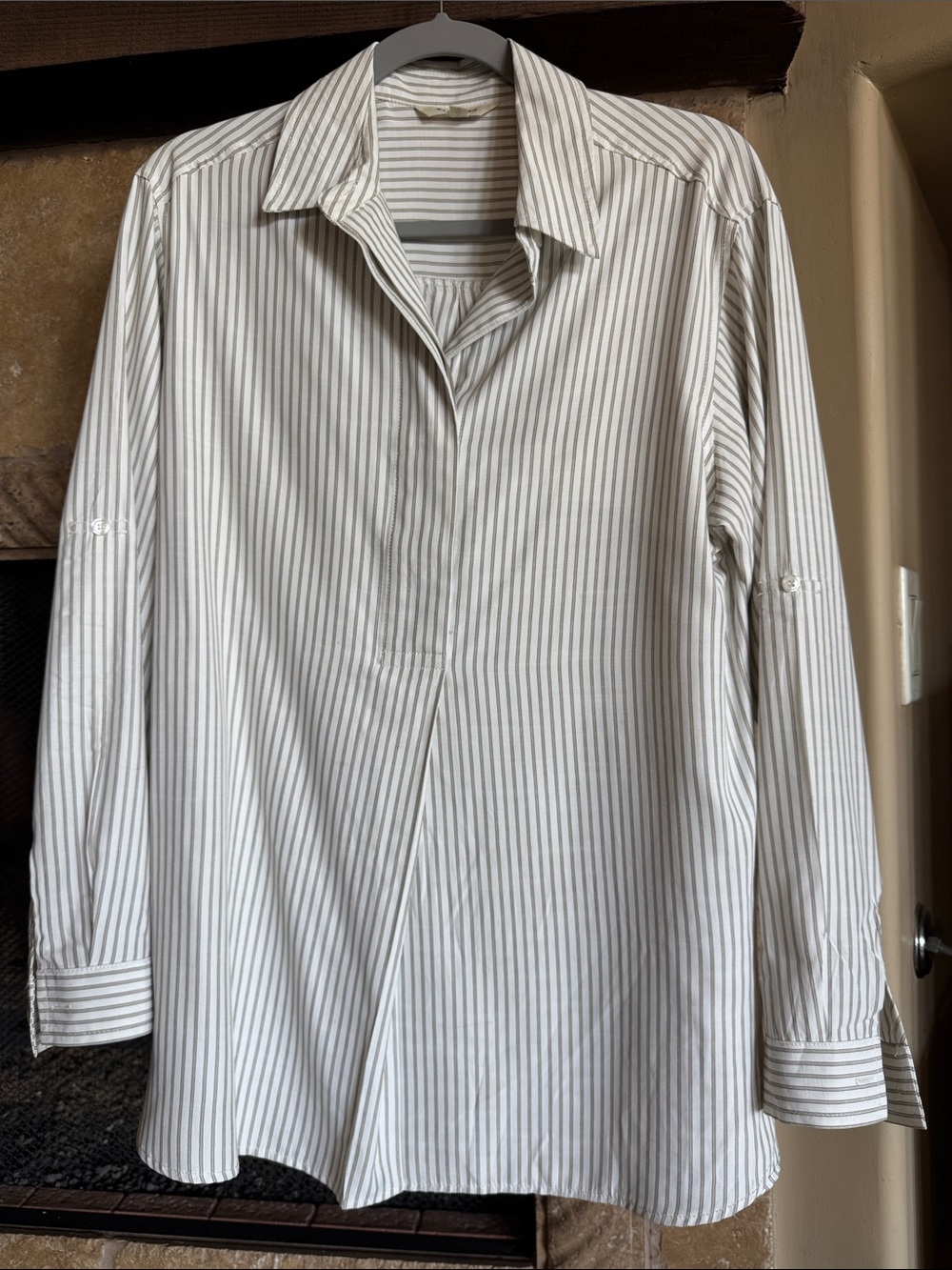 Women’s Max Studio Long-Sleeve Striped Dress Shirt - White with Sage Stripes